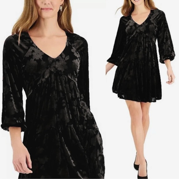 Taylor Black Velvet Burnout Minidress Size 2 V Neck Long Sleeve whimsigoth - Picture 2 of 7